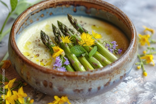 Served asparagus flan in bowl photo