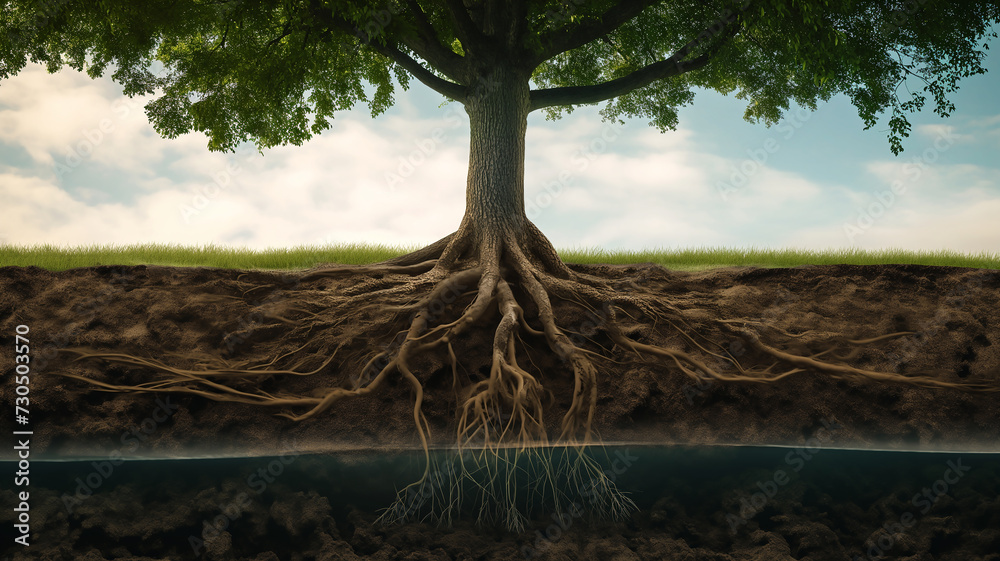 Obraz premium Tree and roots, tree growth and rooting, sustainability and environment concept