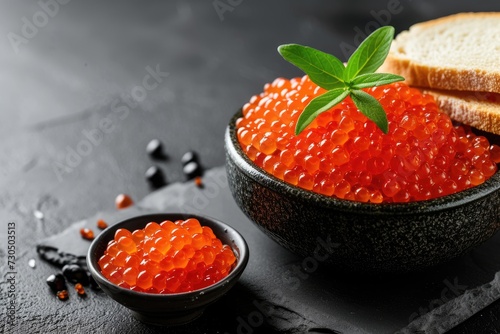 Red caviar served in a bowl and caviar sandwiches on a black stone board against a dark backdrop photo