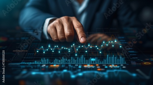 Businessman hand pointing finger to growth success finance business chart of metaverse technology financial graph investment diagram on analysis stock market background with digital economy exchange © ND STOCK