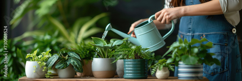 girl watering house plants from a watering can, woman gardener in a greenhouse, flowers, nature, greens, hobby, gardening, lifestyle, foliage, sprouts, pot, water, people, equipment, banner photo