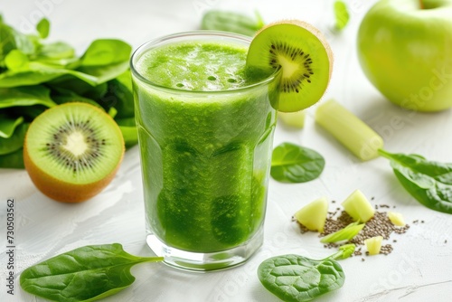 Wholesome green smoothie with spinach apple and kiwi on white promoting superfood detox and health