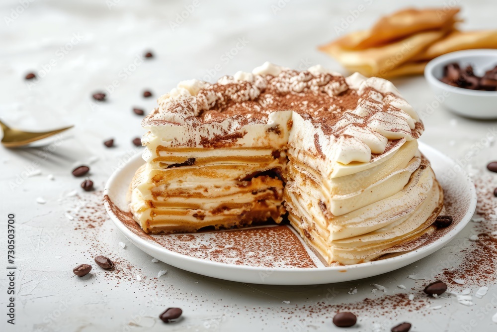 Tiramisu crepe cake with mascarpone and amaretto on a pale backdrop Tiramisu crepe cake with mascarpone and amaretto on a pale backdrop