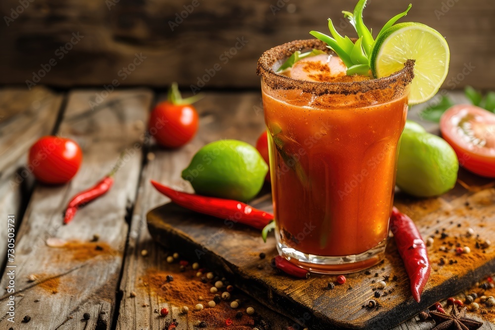 Mexican cocktail with beer lime juice tomato juice spicy sauce and spices on vintage wooden background Mexican cocktail with beer lime juice tomato juice spicy sauce and spices on vintage wooden background