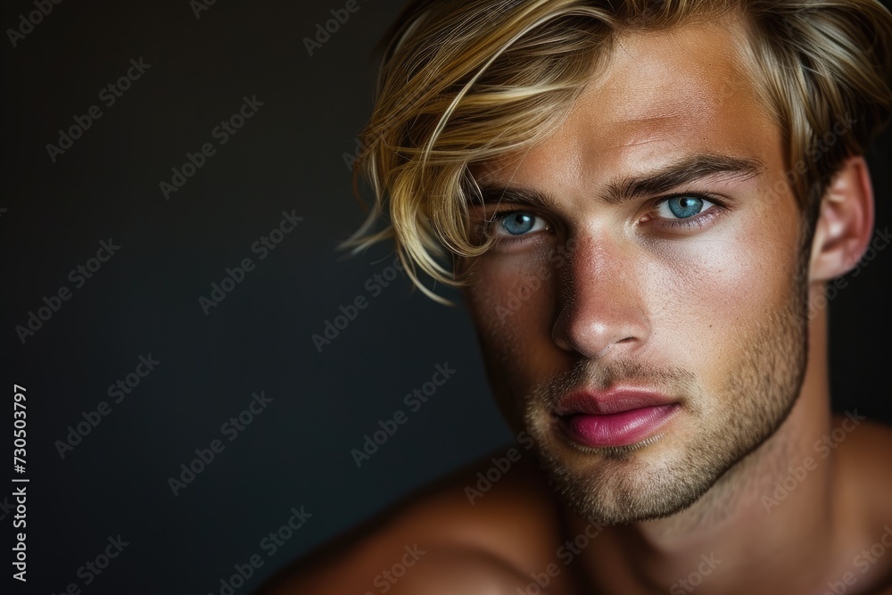 Fototapeta premium Studio close up portrait of a handsome blond male model with muscles shirtless