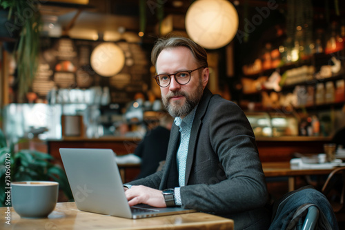 Confident Businessman Engaged in Work on laptop at a Bustling Coffee Shop