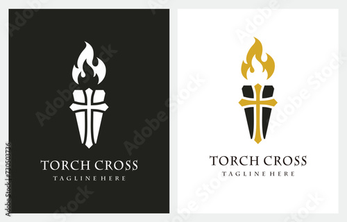 Torch Cross Church Fire logo design vector in gold color