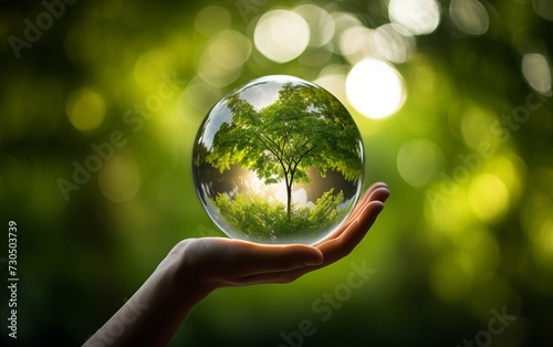 Holding a glass globe with a budding tree within, the hand stands amidst a verdant blur of nature, symbolizing ecological awareness.