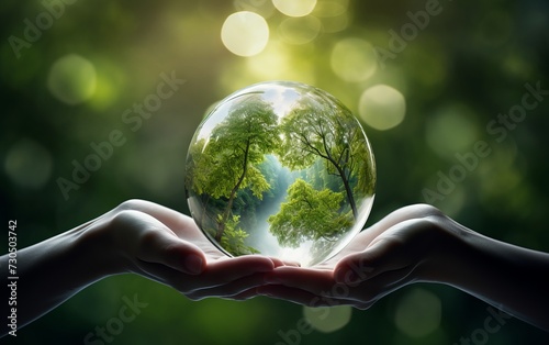 A hand cradles a glass globe with a tree sprouting inside against a blurred backdrop of lush greenery, embodying the eco-conscious concept.