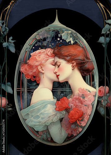
In an oval frame, two girls embrace tenderly. One in a rose dress, the other in blue. Their closed eyes radiate passion and love. Colorful flowers pop against a black background, adding to the warmth