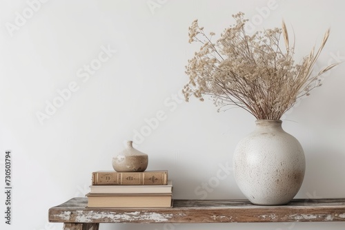 Simple arrangement of dry flowers in a trendy vase books and wooden coffee table in white living room Blank area available