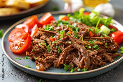 Close up horizontal view of plate with spicy pulled beef and vegetable salad photo
