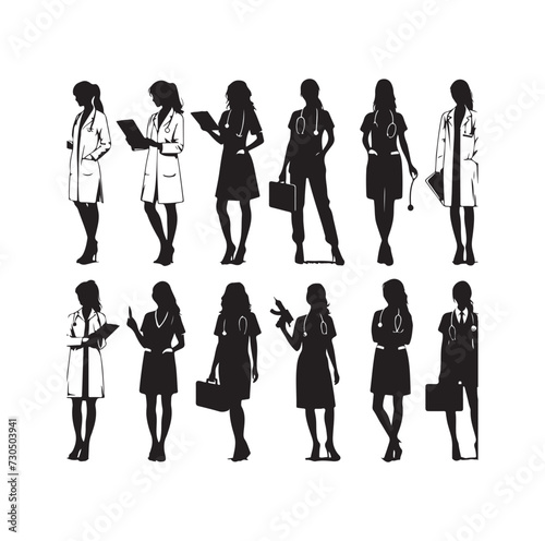 female doctors silhouette vector set. physicians standing in a different position