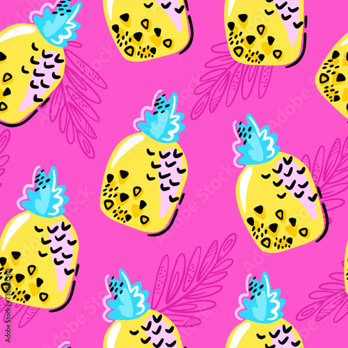 Seamless vector pattern with u pineapple. Hand drawing summer print. Fruit design for fabric