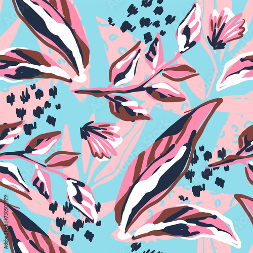 Seamless pattern with abstract flowers and leopard animal print. Creative texture for fabric, wrapping, textile, wallpaper, apparel. Vector illustration background