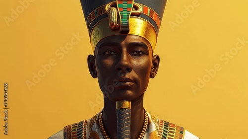 Cartoon digital avatar of a Pharaoh wearing a double crown, symbolizing rulership over Upper and Lower Egypt photo