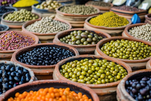 Earthenware bowls with a variety of olives in a market photo