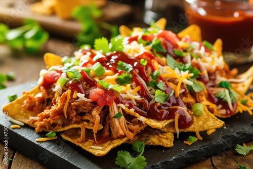 Nachos with BBQ sauce cheese and homemade pulled pork photo