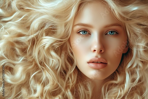 Gorgeous blond with long curly and healthy hair