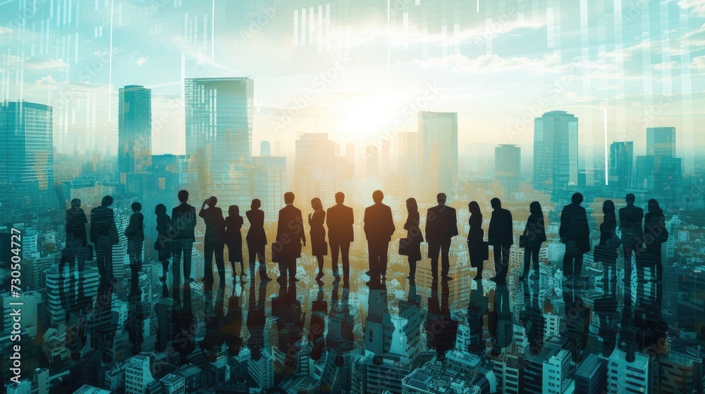 Successful partnership deal depicted by abstract image of business individuals surrounded by cityscape and office building. - obrazy, fototapety, plakaty 