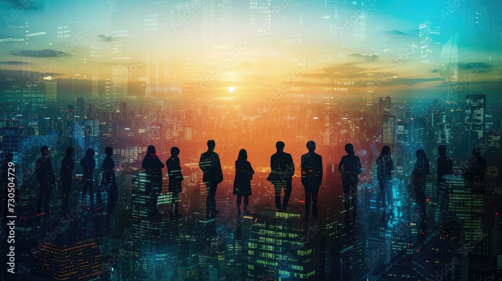Successful partnership deal depicted by abstract image of business individuals surrounded by cityscape and office building.