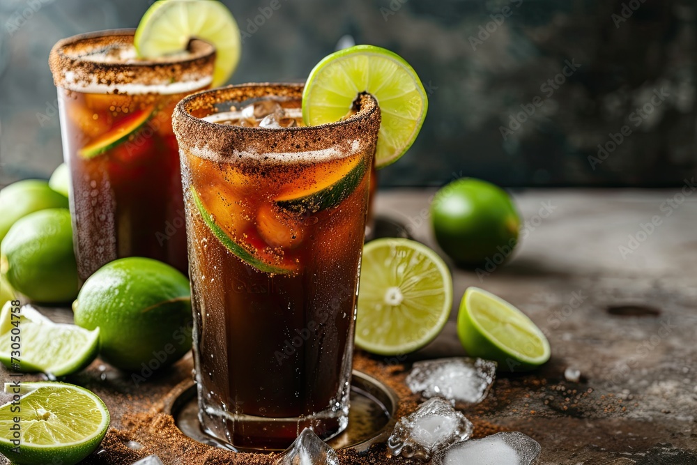 Mexican alcoholic drink michelada made with dark beer and lime juice Mexican alcoholic drink michelada made with dark beer and lime juice