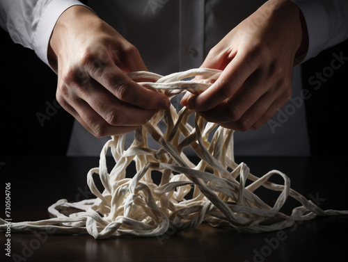 A determined person carefully unravels a complex knot, symbolizing the struggle of untangling life's challenges. photo
