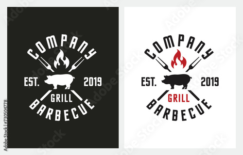 Vintage Grill Barbeque BBQ with Pork Fork and Fire Flame logo design inspiration