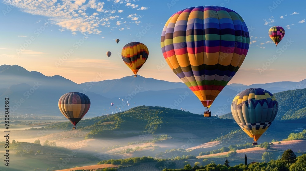 Colorful hot air balloons fill the summer sky, enhancing the breathtaking countryside mountain landscape.