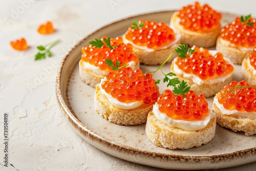 Red caviar canapé on a beige plate photographed horizontally