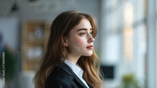 Profile portrait of a young and attractive woman in an office setting