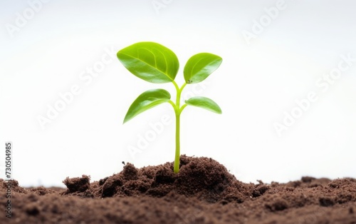 From humus soil, a lone sprout emerges, set against a white background, embodying the essence of the 'go green' concept