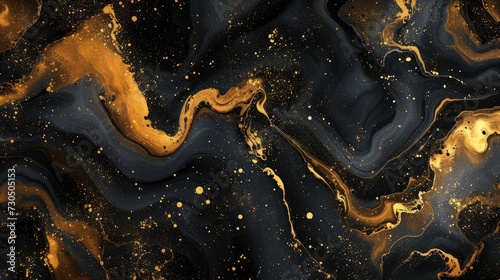 Marble-inspired liquid ink art painting on paper creates a black gold abstract background. © OLGA