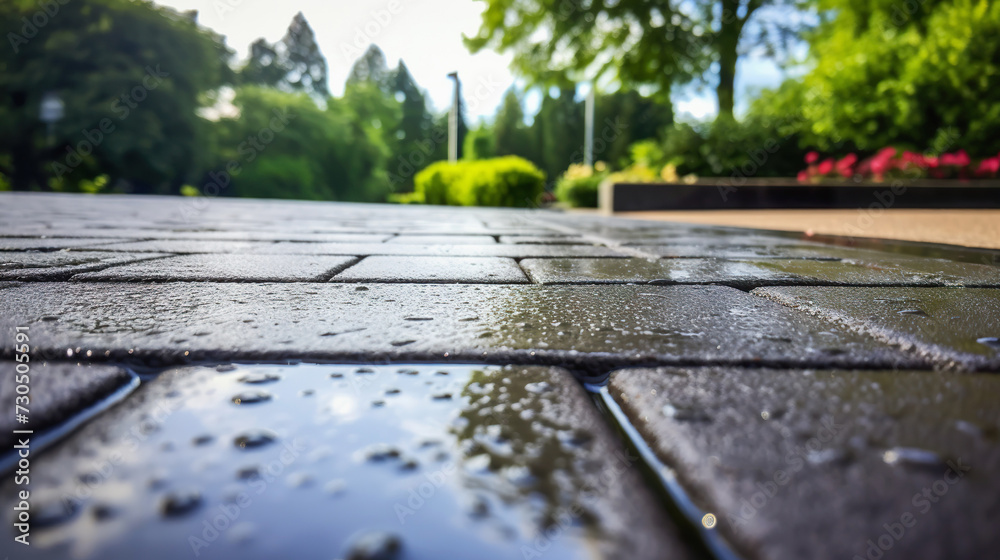 Wet cobblestone path after rain in lush park, closeup Wet cobblestone path after rain in lush park, closeup
