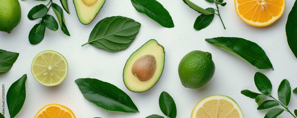Flat lay top view green leaves avocado lemon lime on white background Flat lay top view green leaves avocado lemon lime on white background