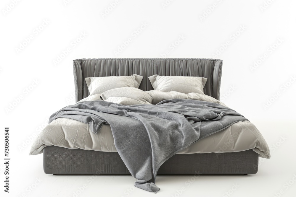 Gray bed with white linens on a cozy background