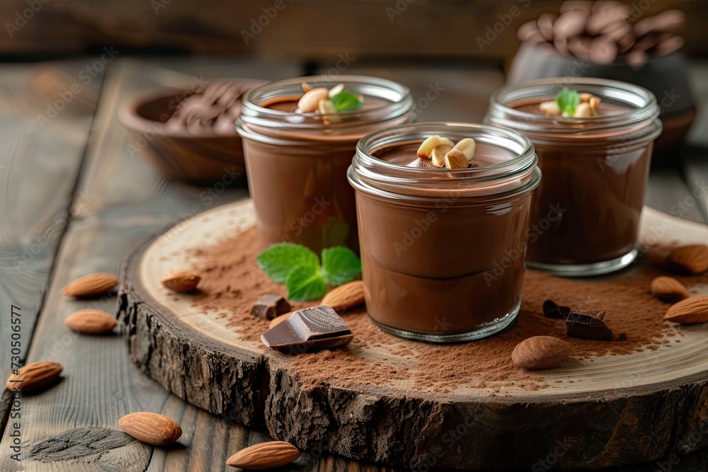 Chocolate panna cotta with almonds in jars on a wooden background Chocolate panna cotta with almonds in jars on a wooden background
