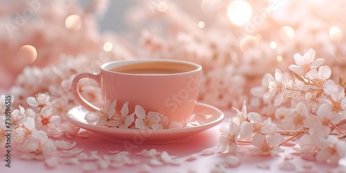 cup of coffee in a pink cup with white blossom, Generative AI