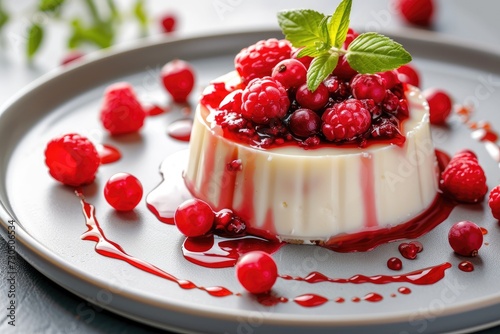 Coconut vanilla panna cotta with jelly custard raspberry berries and syrup on a plate