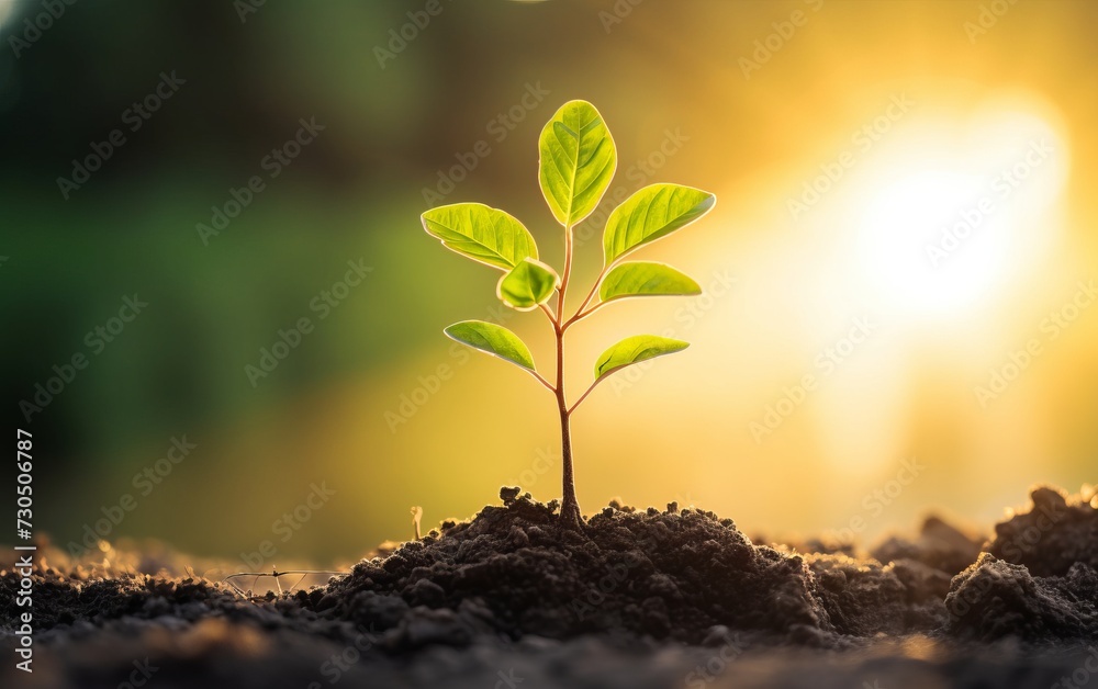 Young plant growing in soil with sunlight shining behind. Young plant growing in soil with sunlight shining behind.
