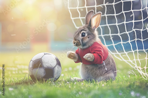 Cute rabbit plays with soccer ball next to goal 