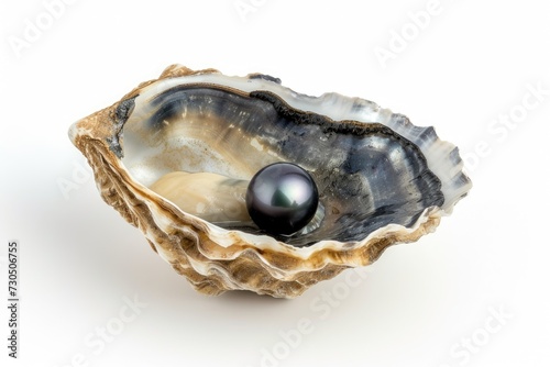Black pearl oyster shell with black pearl White studio backdrop No people Copy space available photo