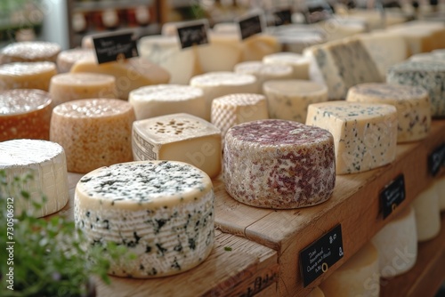 Assorted artisanal cheeses on display at a gourmet shop