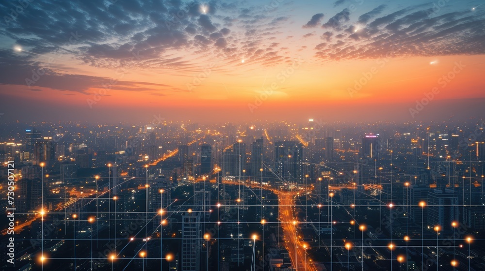 Night cityscape with buildings and infrastructure connected with graphic digital network light grid.