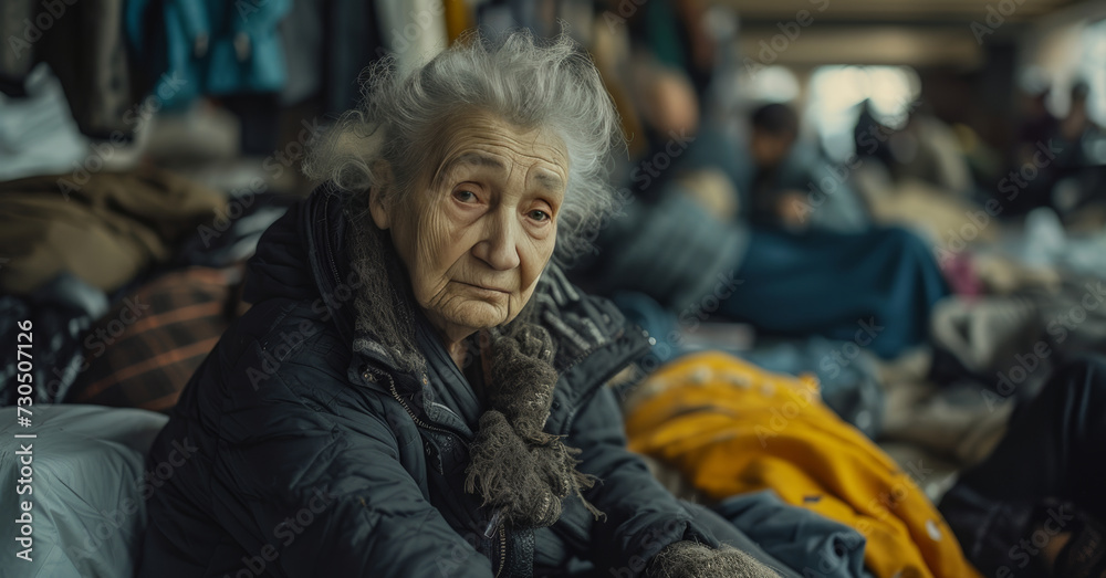 Aging Society old woman sitting in homeless shelter surround clothing and other people