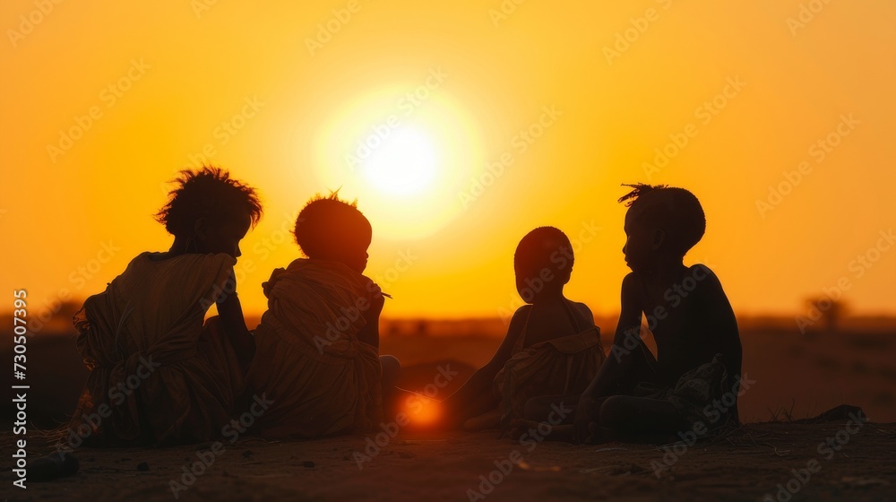 Global Warming group of african children against hot sunset climate change
