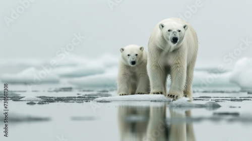 Global Warming a family of polar bears with melting icebergs Arctic wildlife