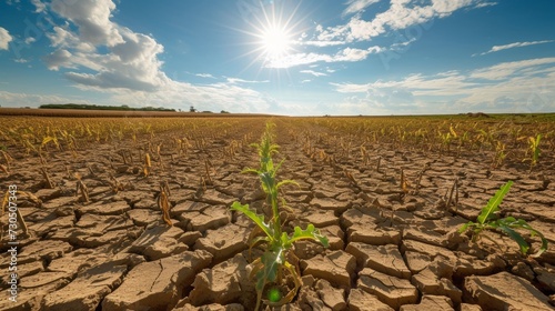 Global Warming field with cracked soil under a bright sun and cloudy sky.