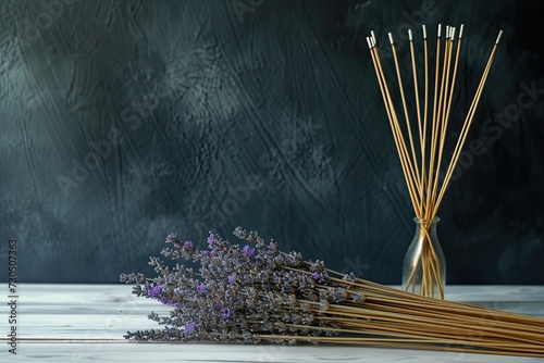 Asian incense and dried lavender on white table against dark wall creating a serene ambiance with a wave of incense