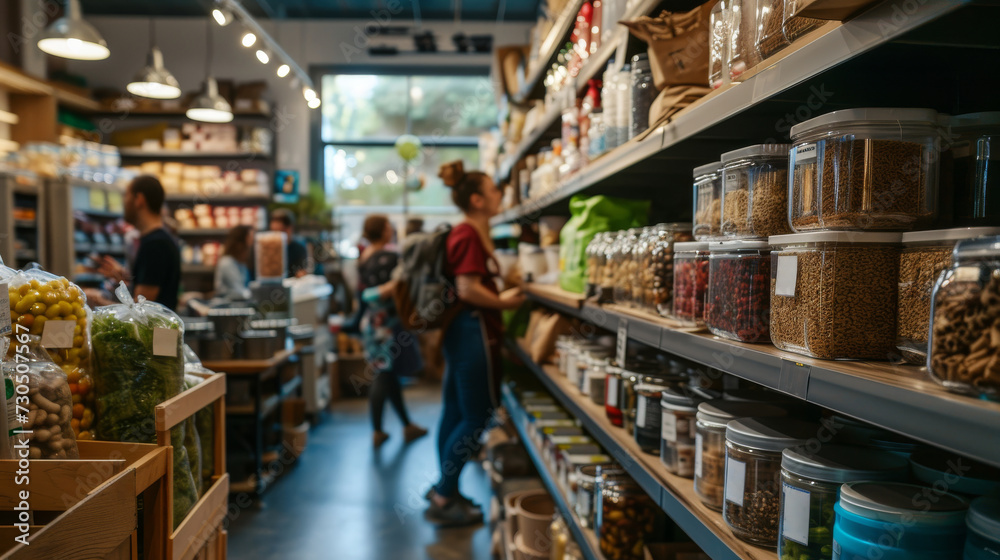 a zero waste store with customers shopping for reusable products containers